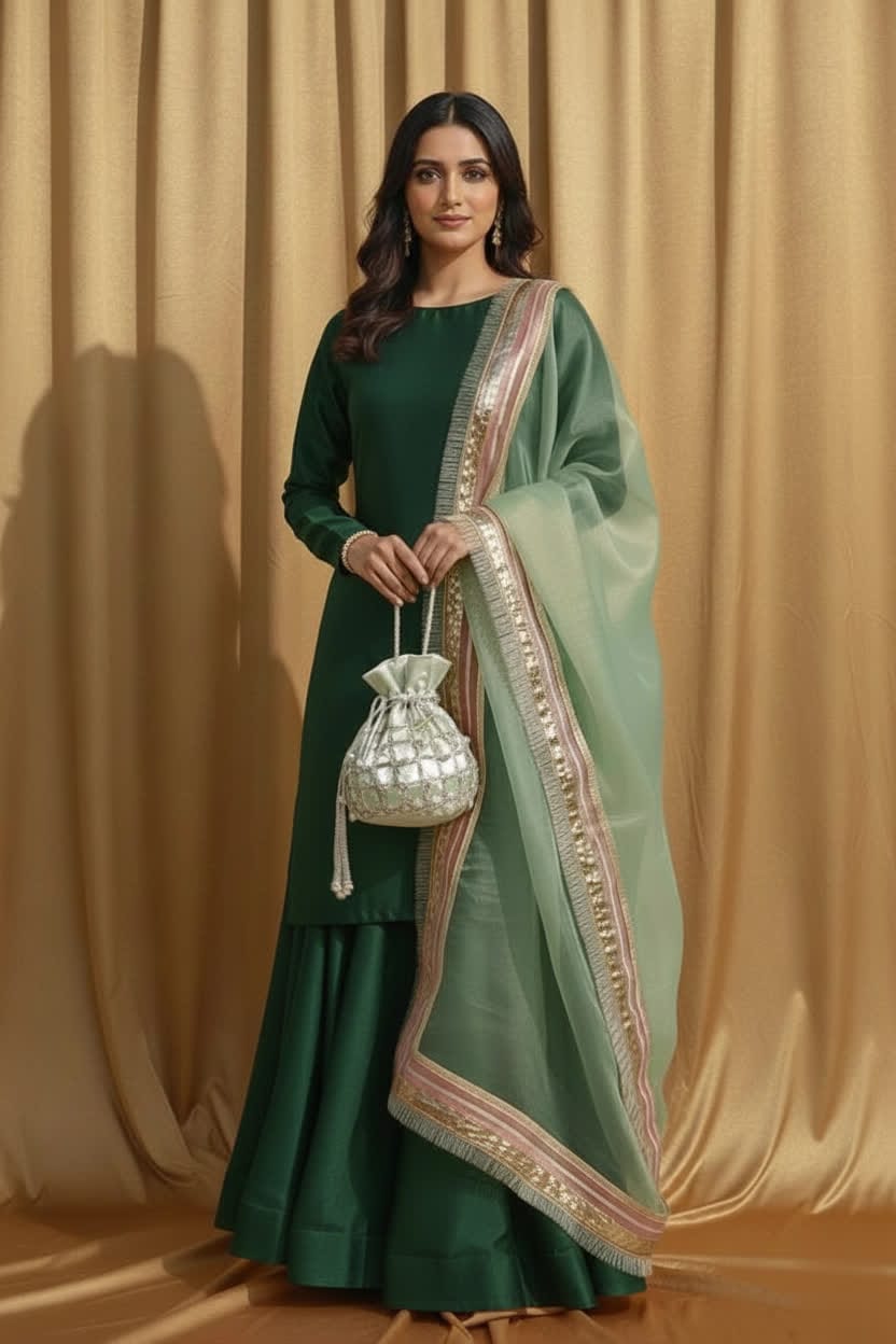 Elegant Plain Gharara Set For Women – Flared Palazzo-Style Gharara With Tissue Fabric & Light Green Masuri Dupatta