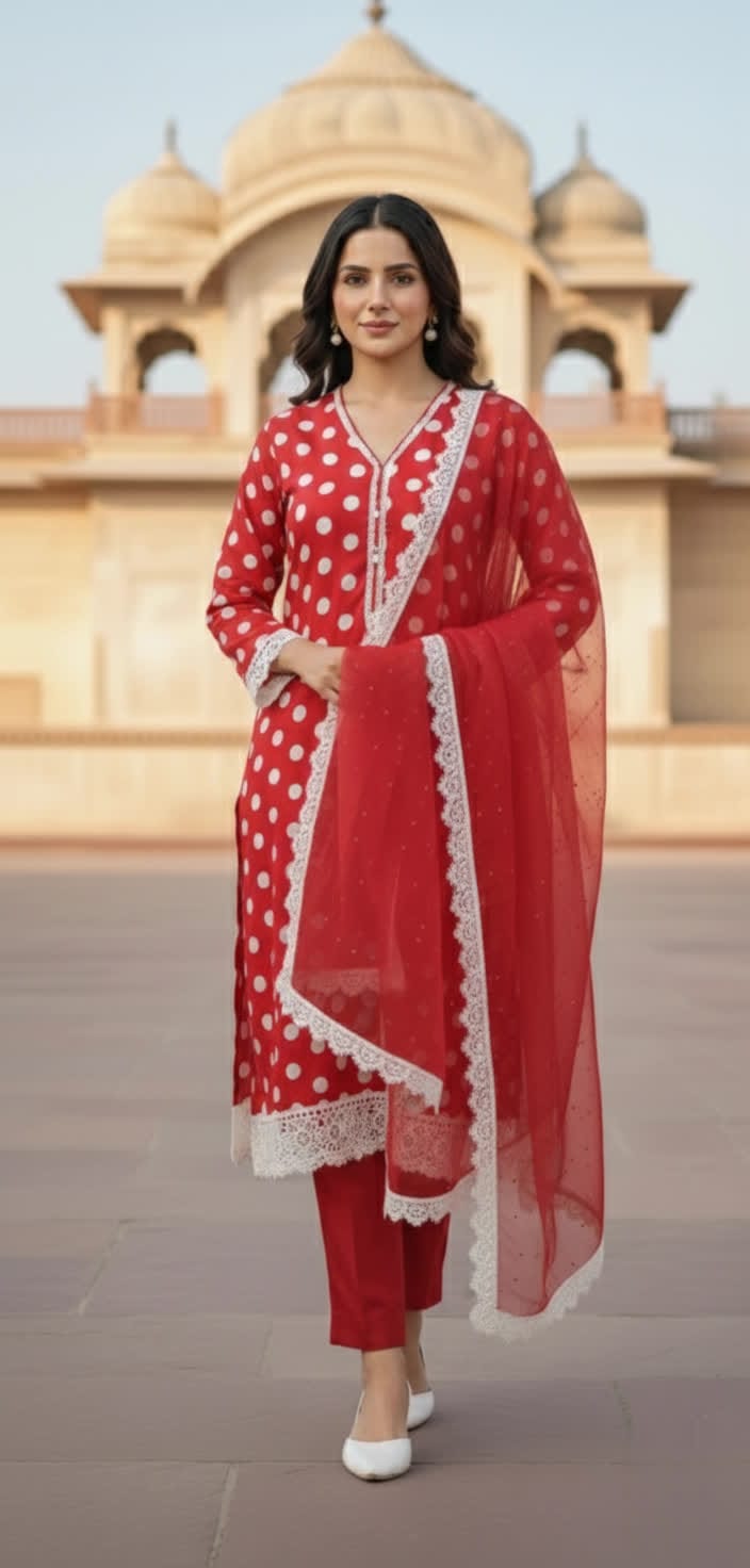 Elegant Red & White Polka Dot Salwar Kameez Set With Lace Dupatta.
