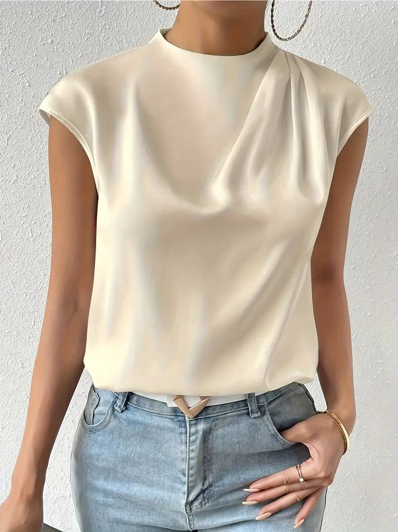 Stylish Black Batwing Sleeve Blouse, Crew Neck Short Sleeve Top With Front Slit, Smooth And Comfortable Top