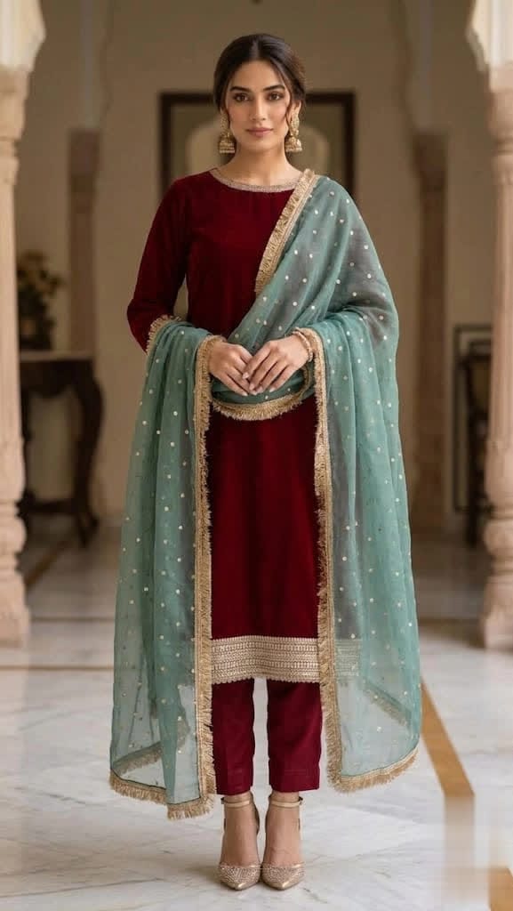 Maroon Armani Silk Three Piece Suit With Pistachio Green Dupatta.