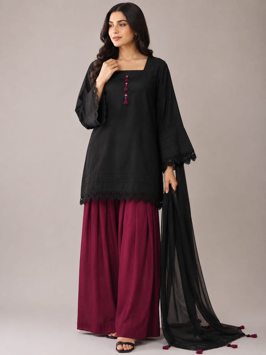 Black Kurti With Magenta Tassels & Farshi Palazzo
