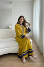 Neon Green Contemporary Long Dress For Women – Elegant Blue Border Detail, Flowing Sleeves & Modern Modest Wear