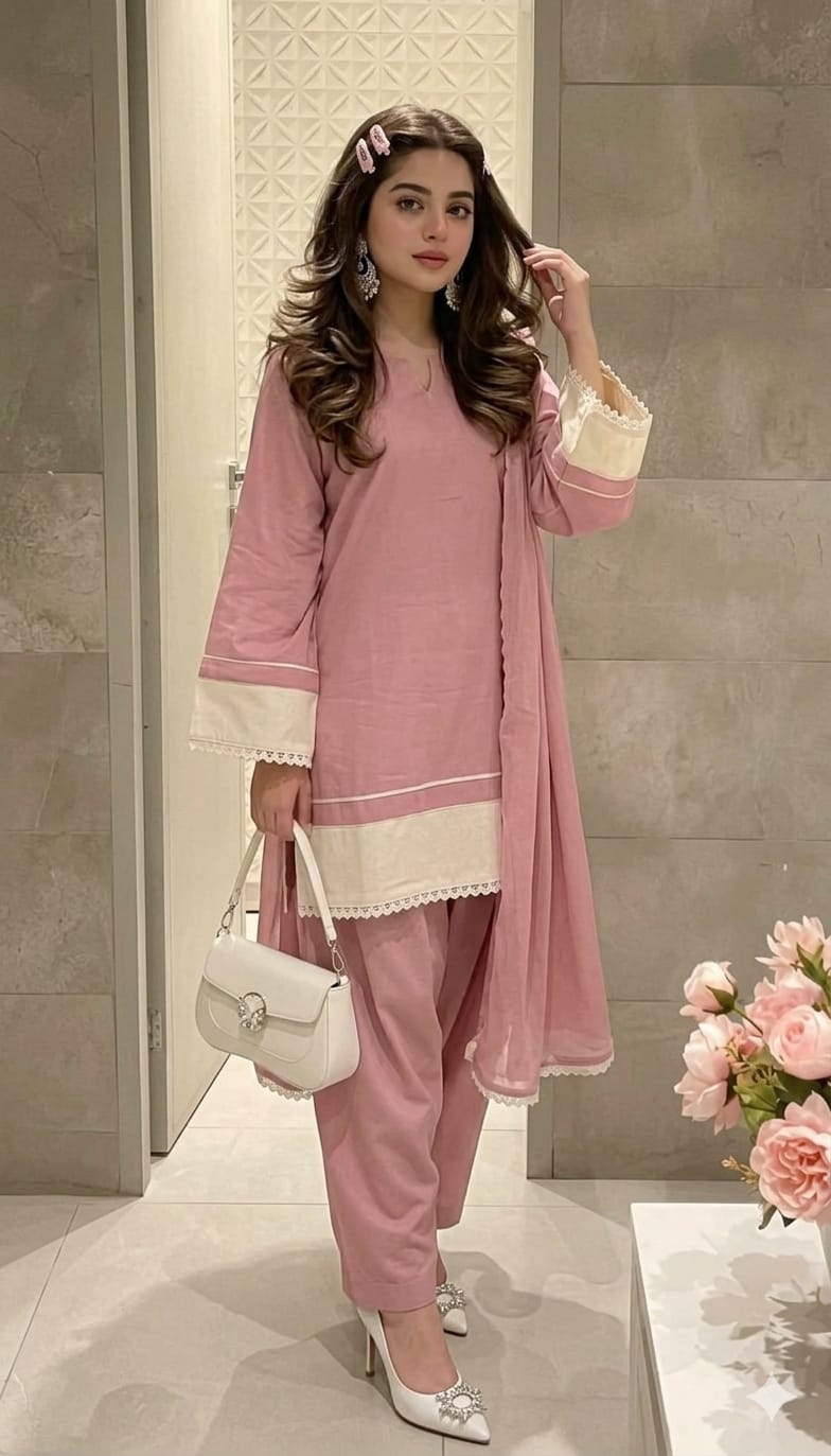 Classic Pink Linen Suit With White Hem Detail & Chiffon Dupatta.