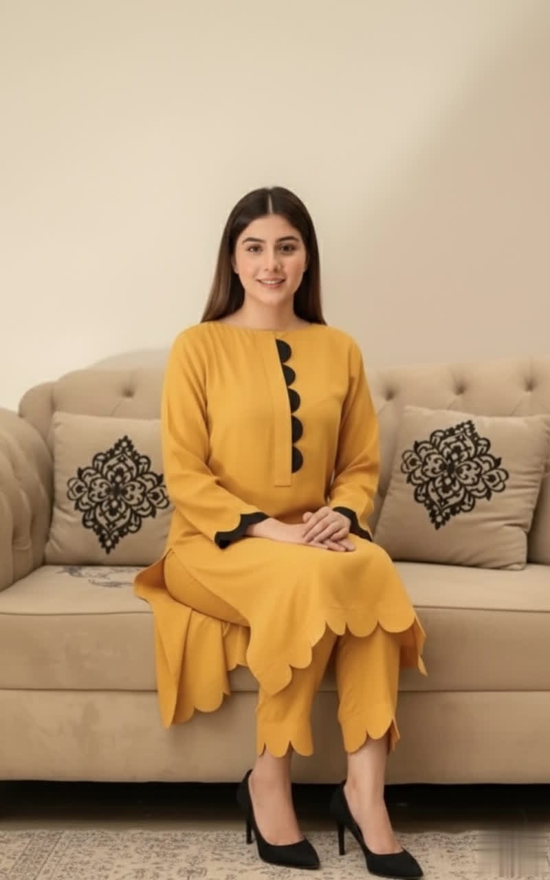 Elegant Cotton 2-Piece Suit – Crew-Neck Chori Piping Shirt With Cutwork Sleeves & Reet Design Trouser | Latest Stylish Women’s Outfit.