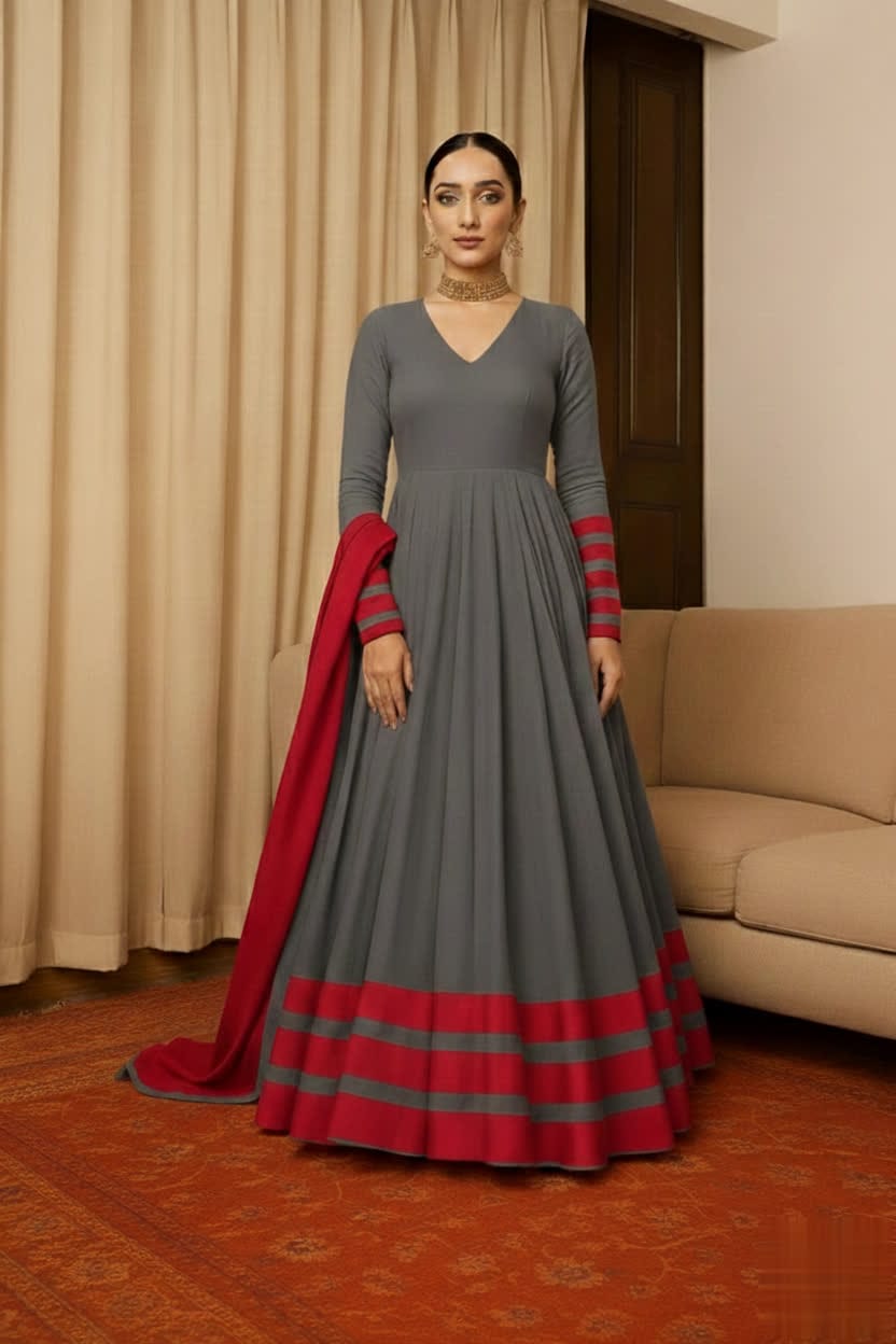 Peach & Red Anarkali Set For Women – Full Flare Long Gown With Contrast Border & Matching Dupatta - Elegant Traditional Outfit With Different Shades.