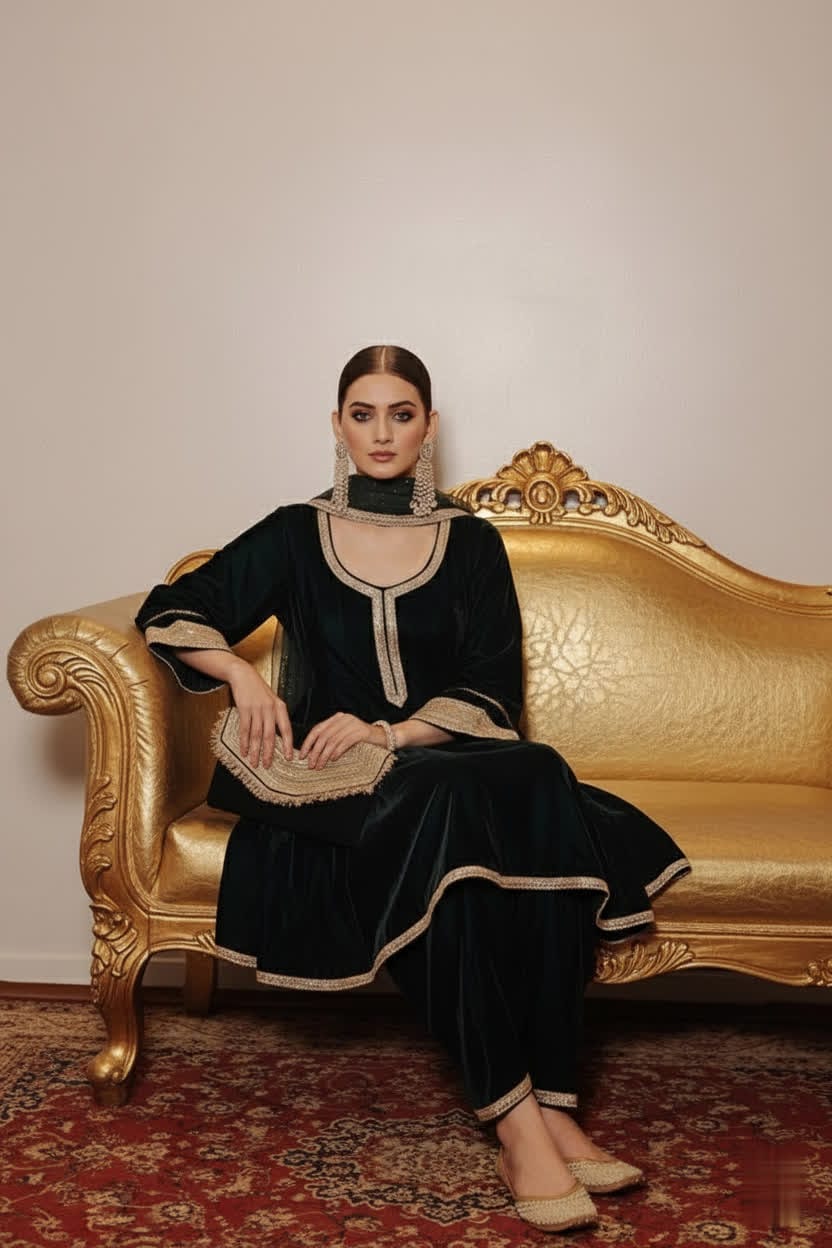Rich Green Velvet Anarkali Set – Luxury Winter Formal Outfit With Kali Neckline & Embellished Lace Detailing