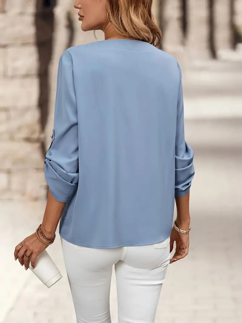 Button-Up Women’s Shirt, V-Neck Long Sleeve Blouse With Sophisticated Design, Casual And Office Fashion Top