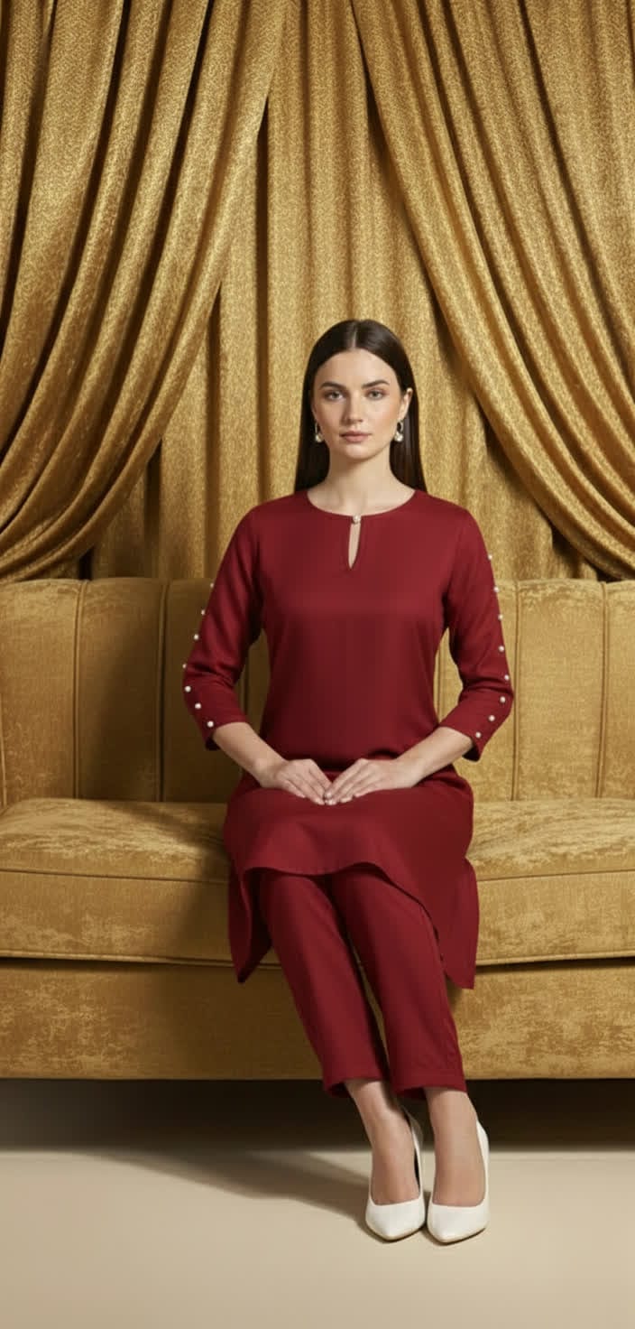 Sophisticated Pearl Detail Co-ord Set For Women, Elegant Shirt Pearl Work Top With Tailored Straight Pants.