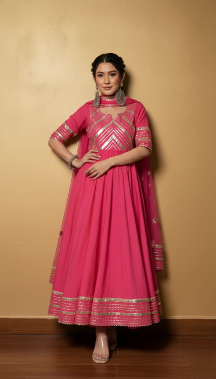 Premium Black Gota Patti Anarkali Pant Set For Women – Silk Long Anarkali With Different Shade Chiffon Dupatta & Embellished Pants.