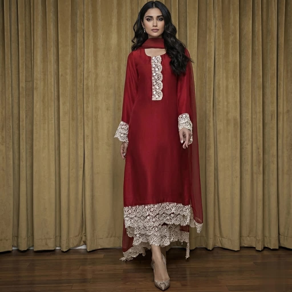 Premium Red Raw Silk Formal Wear Set - Handcrafted Pearl Lace Shirt - Elegant Drapes Organza Dupatta