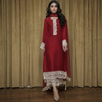Premium Red Raw Silk Formal Wear Set - Handcrafted Pearl Lace Shirt - Elegant Drapes Organza Dupatta