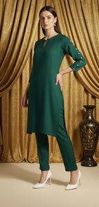 Sophisticated Pearl Detail Co-ord Set For Women, Elegant Shirt Pearl Work Top With Tailored Straight Pants.