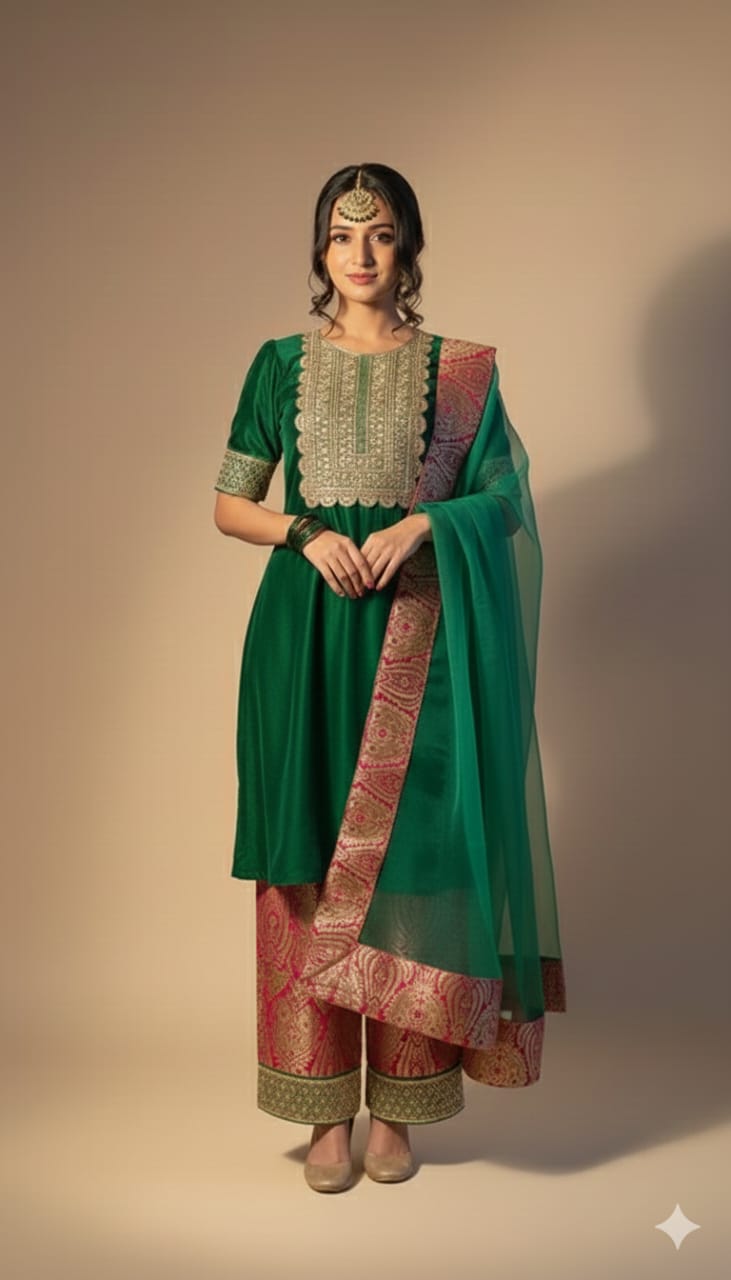 Traditional Meets Modern Silk Suit – Dark Green Embroidered Shirt With Brocade Pants & Organza Dupatta