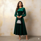 Women’s Green Elegant Fitted Dress – Long Sleeve A-Line Gown | Formal Evening & Party Wear | Round Neck | Elegant Outfit