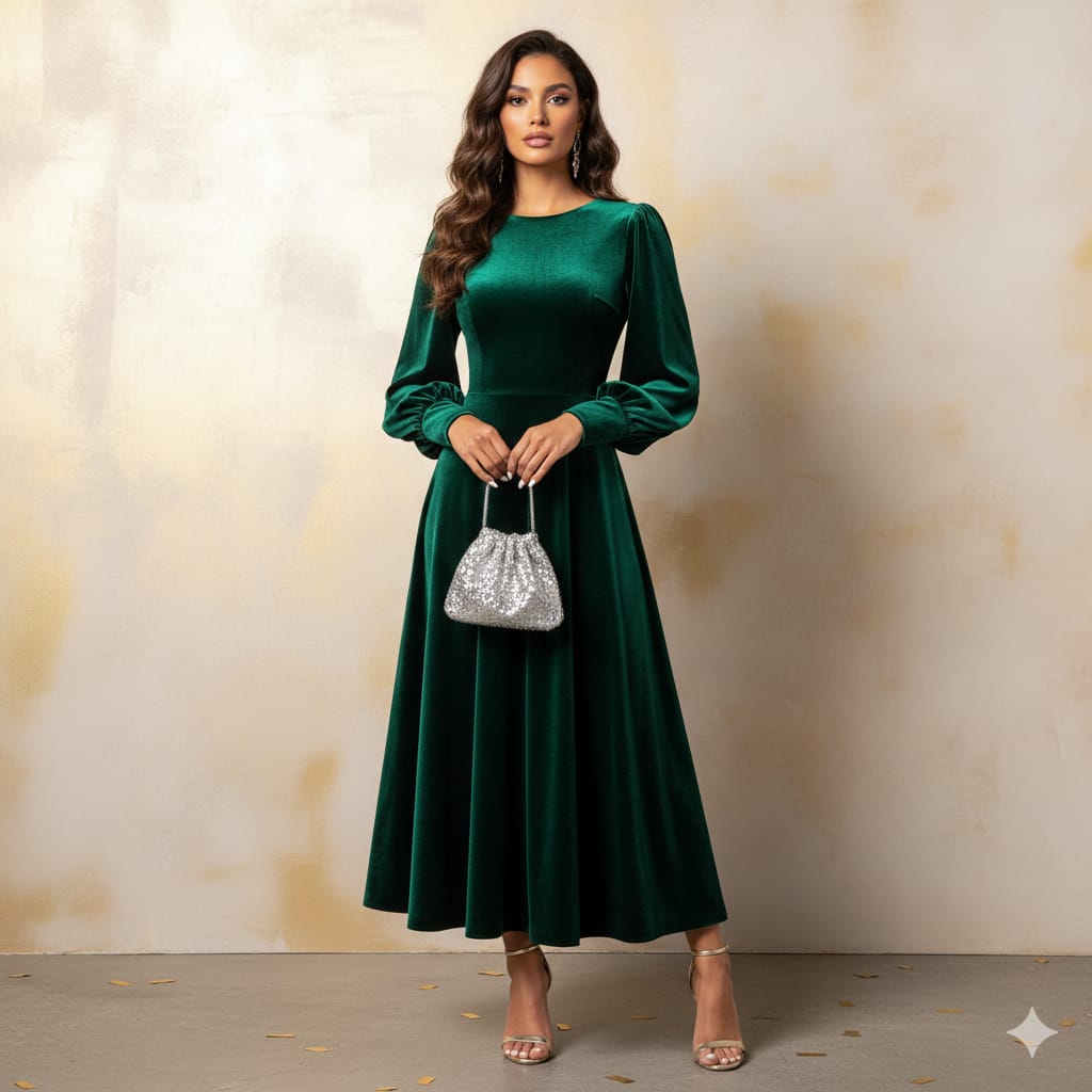 Women’s Green Elegant Fitted Dress – Long Sleeve A-Line Gown | Formal Evening & Party Wear | Round Neck | Elegant Outfit