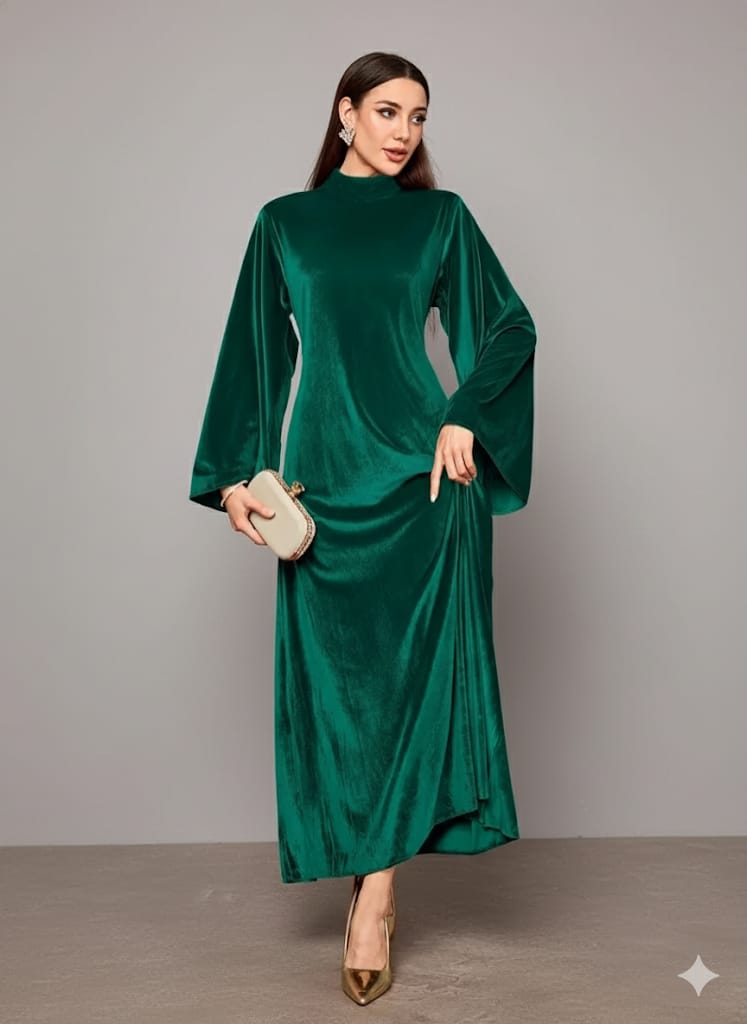 Elegant Full-Length Velvet Maxi Dress For Women, Long Sleeve Gown With Belt, Zipper Back And Tie Detail  Formal Evening Dress