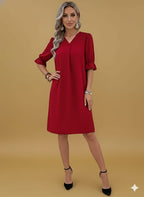 Women's Casual V-Neck Short Sleeve Dress –  A-Line Swing Dress,  Everyday Comfort Wear – All-Season Elegant Midi Dress