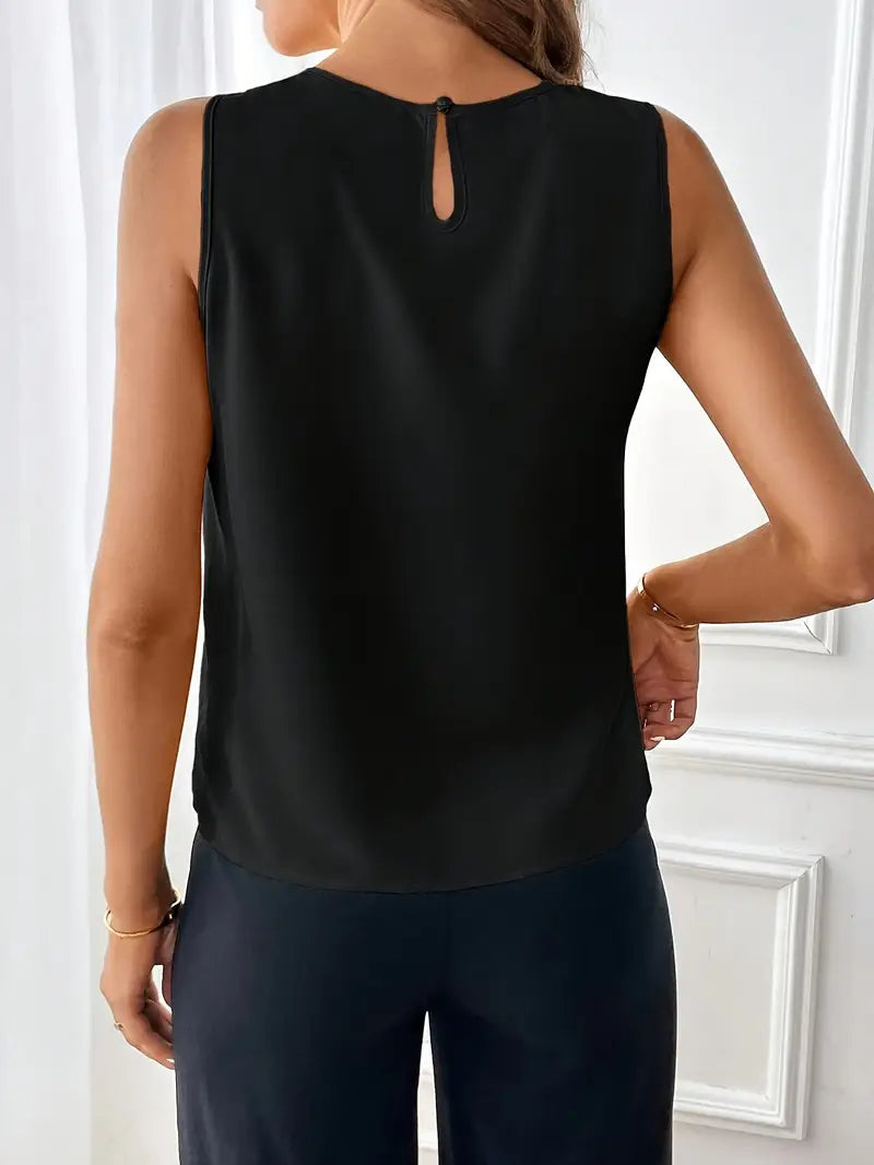 Ruffled Women’s Sleeveless Blouse, Elegant Crew Neck Top For Casual Outfits And Semi-Formal Occasions