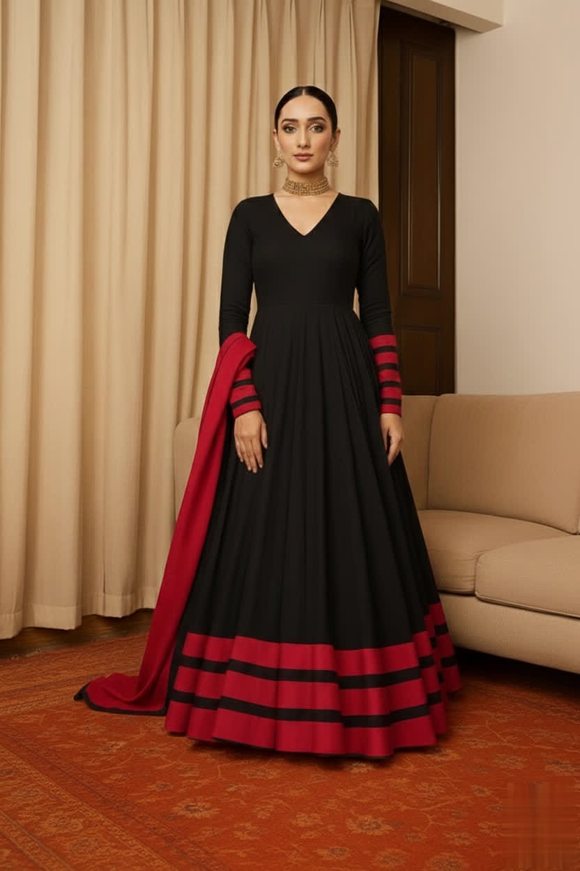 Peach & Red Anarkali Set For Women – Full Flare Long Gown With Contrast Border & Matching Dupatta - Elegant Traditional Outfit With Different Shades.