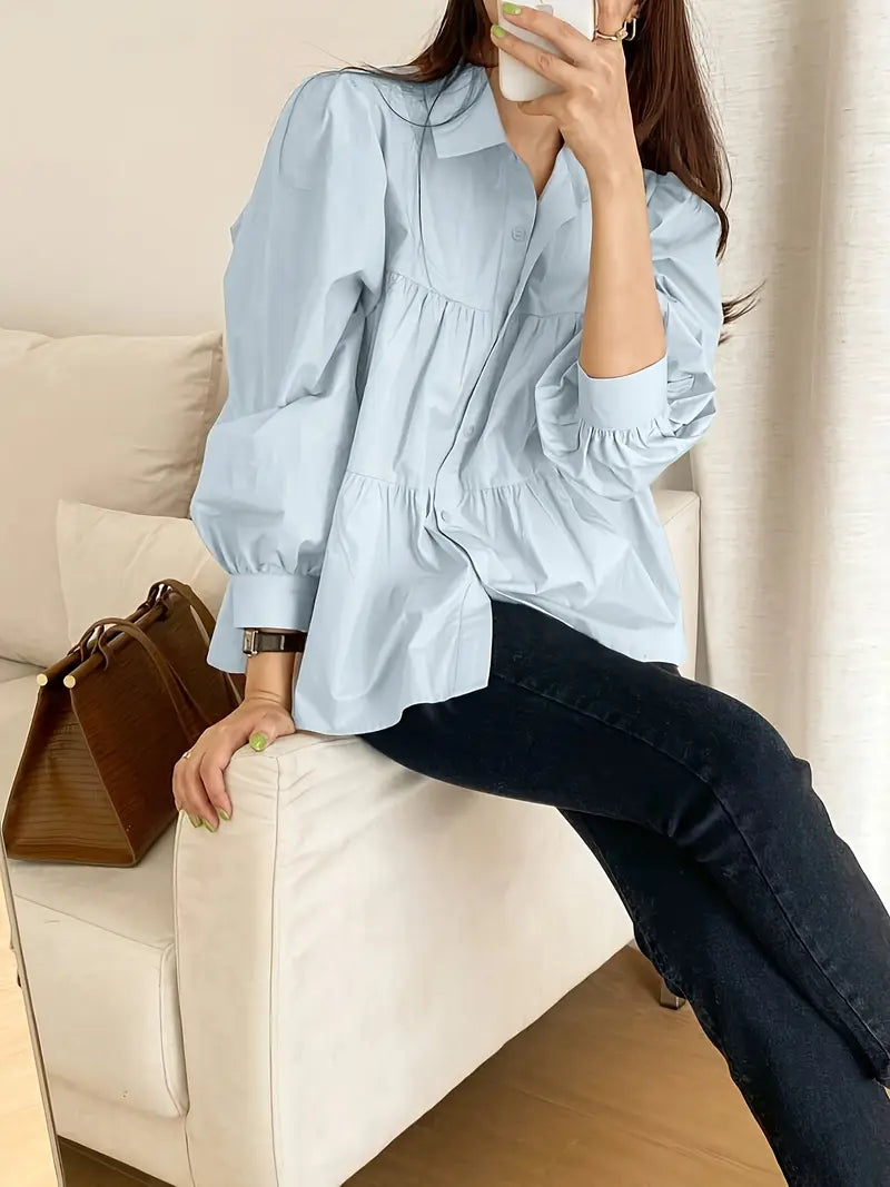 Elegant Puff Sleeve Blouse Single-Breasted Shirt With Stand Collar, Zip Placket, Professional Corporate Attire