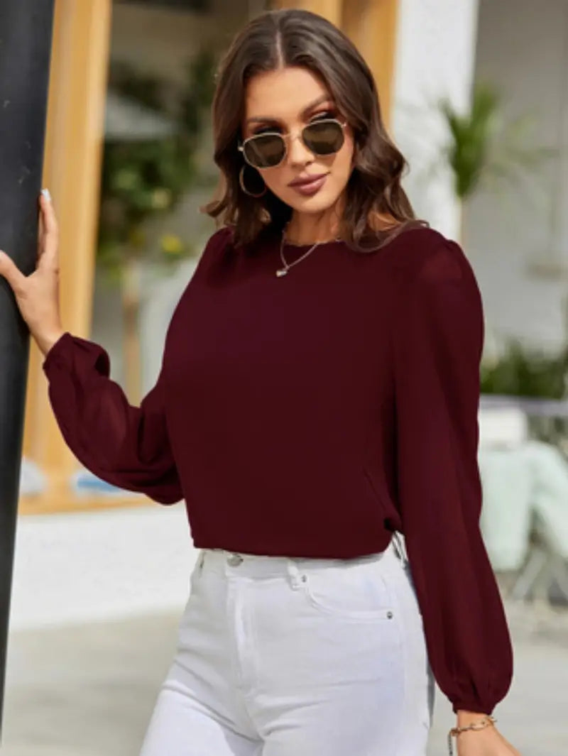 Elegant Long Puff Sleeve Smock Shirt, Round Neck Blouse, All-Season Top For Casual And Formal Outfits
