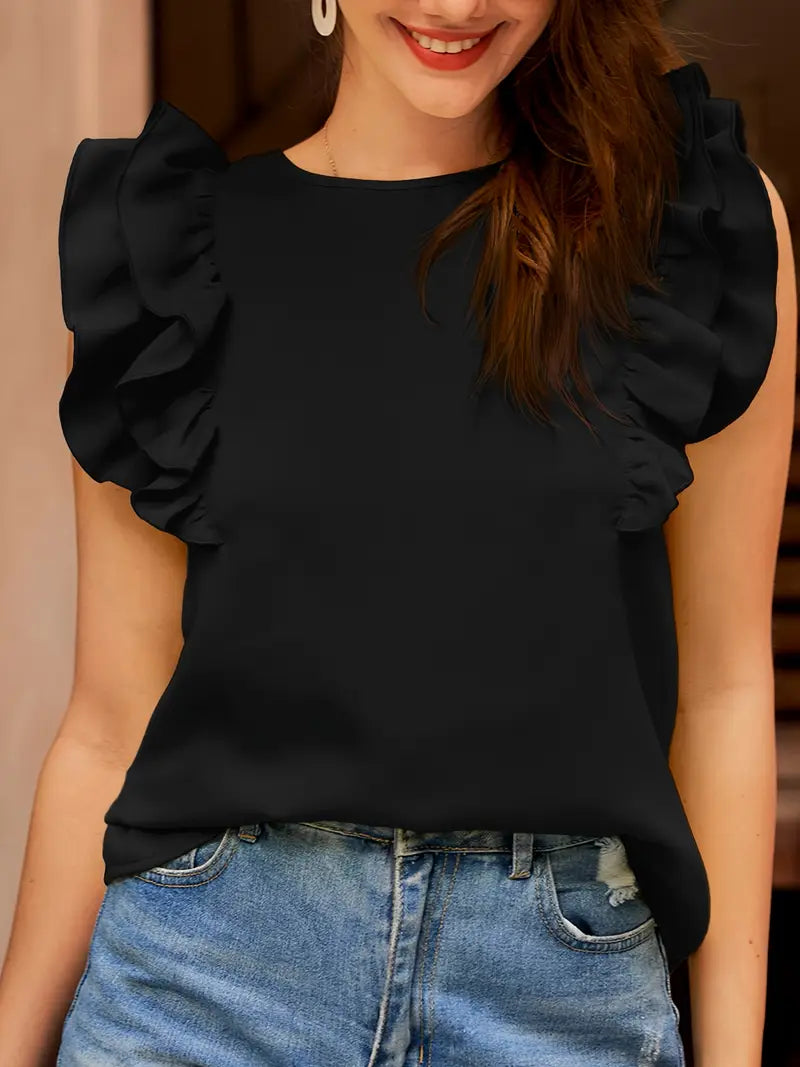 Elegant Ruffle Trim Blouse, Sleeveless Crew Neck Top, Non-Stretch Fabric, Casual & Dressy Outfit