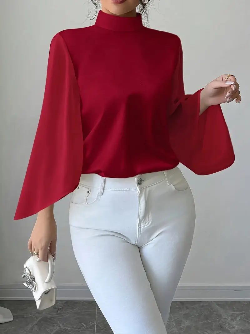 Elegant Red Ruffle Sleeve Blouse – Stand Collar Button-Up Long Sleeve Shirt For Women | Feminine Chic Ruffle Detail Blouse