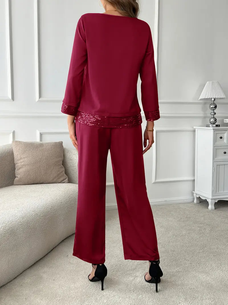 Elegant Two-Piece Set – Long Sleeve Lace Stitching Top & Matching Pants |Stylish, Comfortable and Classy Fashion Set
