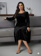 Elegant Black Dress For Women – Curve-Hugging Maxi Gown With Pearl Bead Accents, Round Neckline, Flowy Skirt And Stretch Fabric