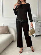 Elegant Two-Piece Set – Long Sleeve Lace Stitching Top & Matching Pants |Stylish, Comfortable and Classy Fashion Set
