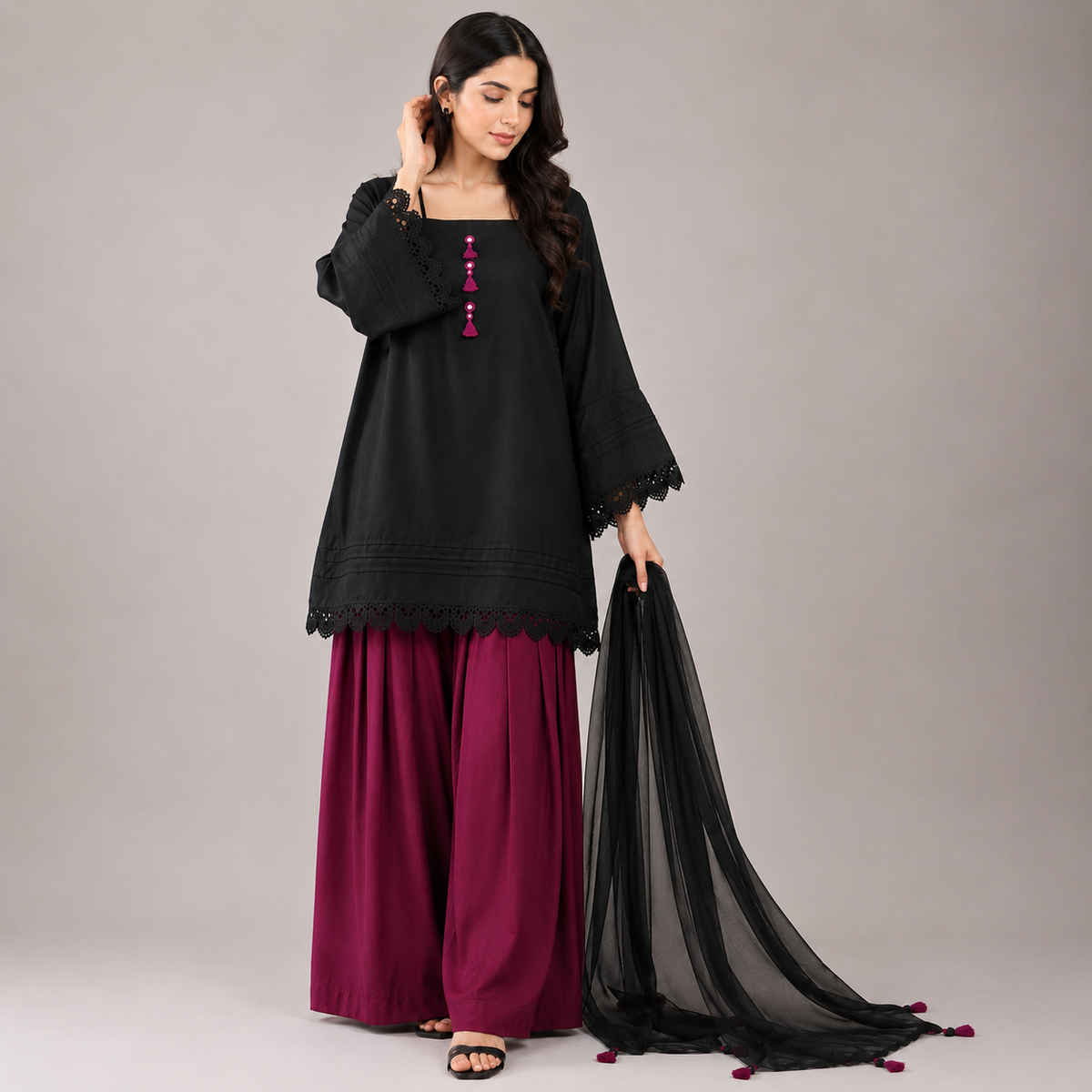 Black Kurti With Magenta Tassels & Farshi Palazzo