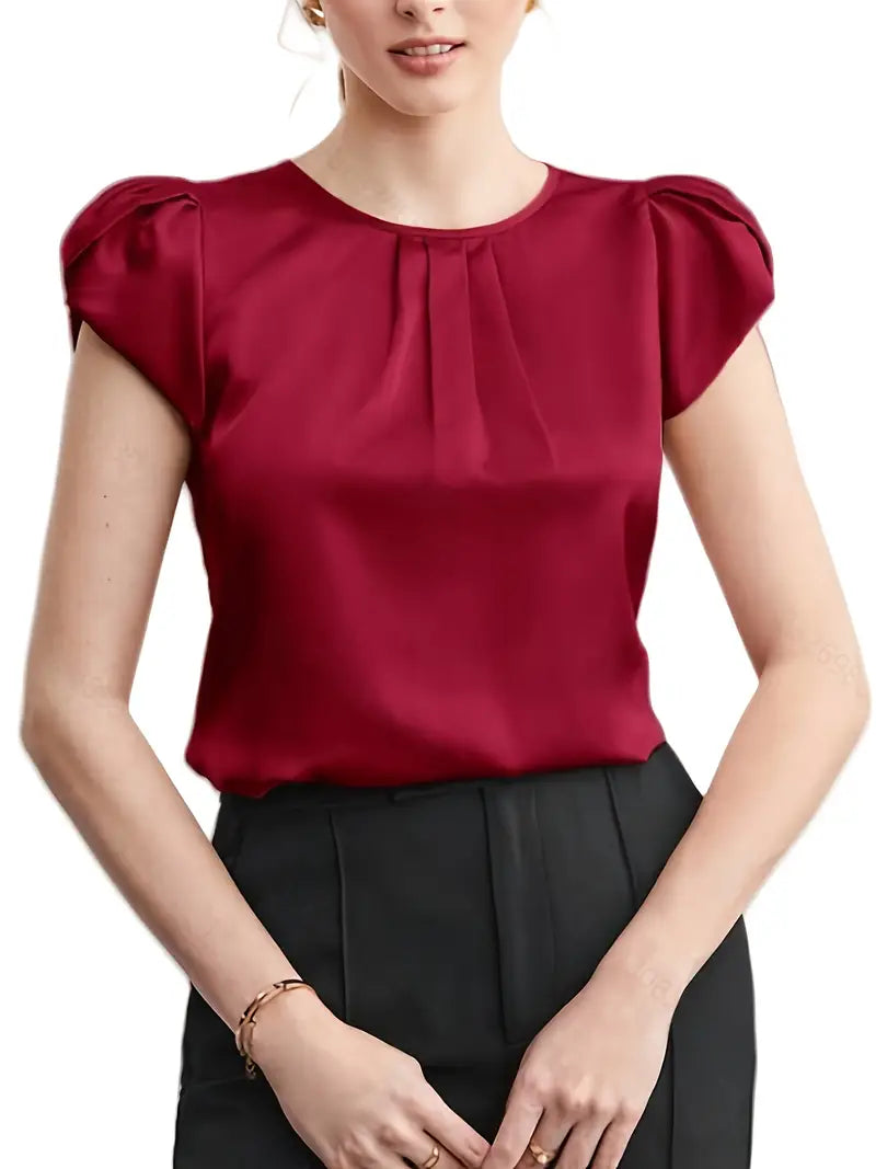 Women’s Round Neck Ruffled Petal Sleeve Top, Casual Chic Glossy Texture Ladies Blouses
