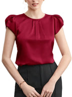 Women’s Round Neck Ruffled Petal Sleeve Top, Casual Chic Glossy Texture Ladies Blouses