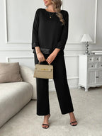 Elegant Two-Piece Set – Long Sleeve Lace Stitching Top & Matching Pants |Stylish, Comfortable and Classy Fashion Set