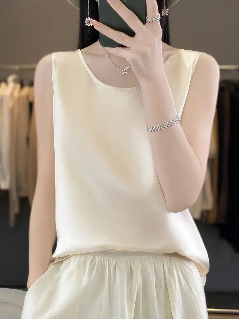 Elegant Low-Neck Sleeveless Tank Top – Semi-Sheer Stretchy Shirt, Layering Piece, Lightweight Top For Casual Wear