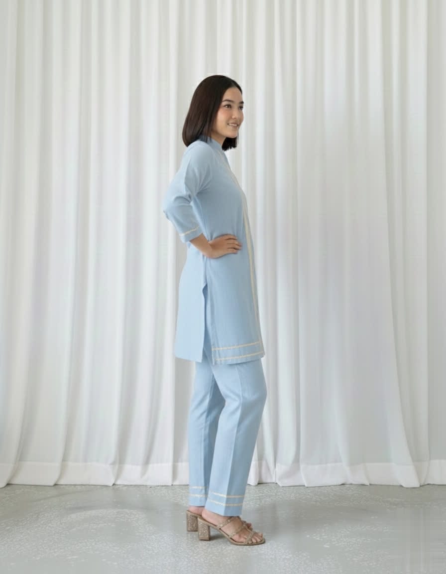 Cotton Slub Kurti Palazzo Set – Soft Co-Ord With Elegant Lace Detailing - Comfortable Daily Wear Kurta & Palazzo For Women