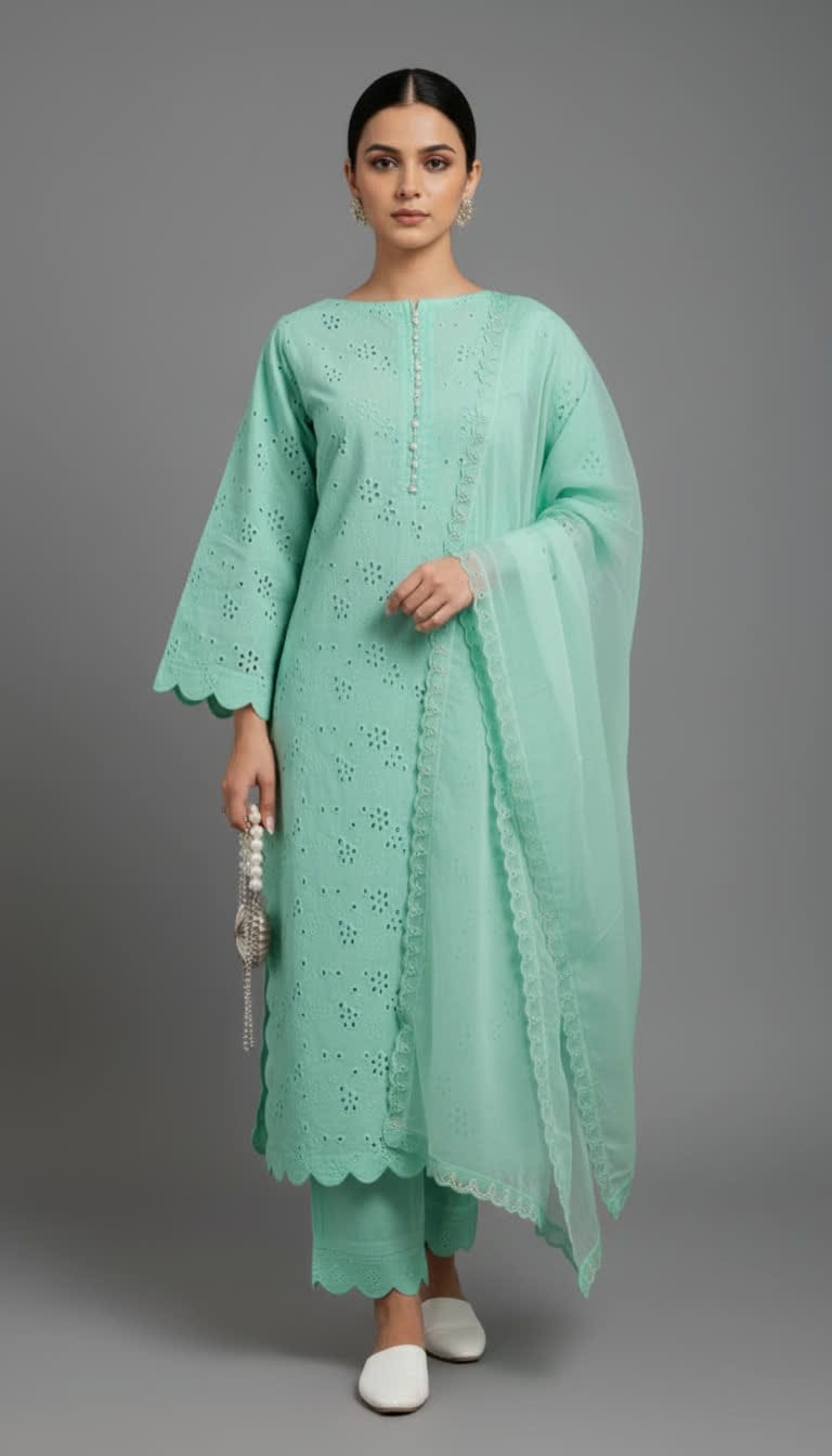 Premium Chikankari Salwar Kameez –  Long Shirt With Scallop Border, Cotton Trouser & Elegant Dupatta - New Light-Shade Collection For Women