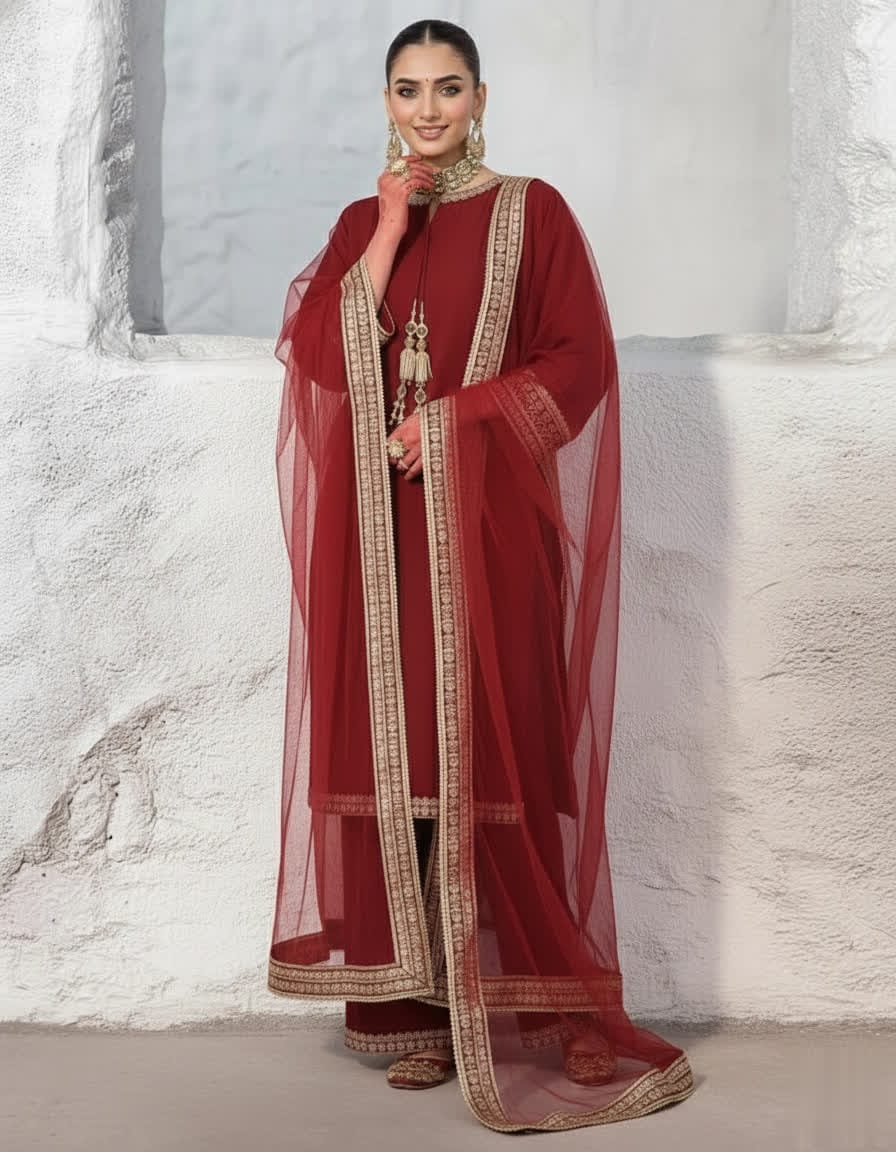 Maroon Shine Silk Kurta Trouser Set With Embroidered Lace & Net Dupatta - Luxury Ethnic Wear