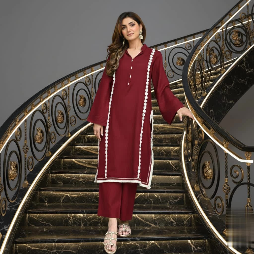 Modern Lace Kurta Co-ord Set, Stylish Long Kurta With Florals & Straight Pants With Stand Collar & Decorative Buttons.