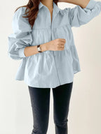 Elegant Puff Sleeve Blouse Single-Breasted Shirt With Stand Collar, Zip Placket, Professional Corporate Attire