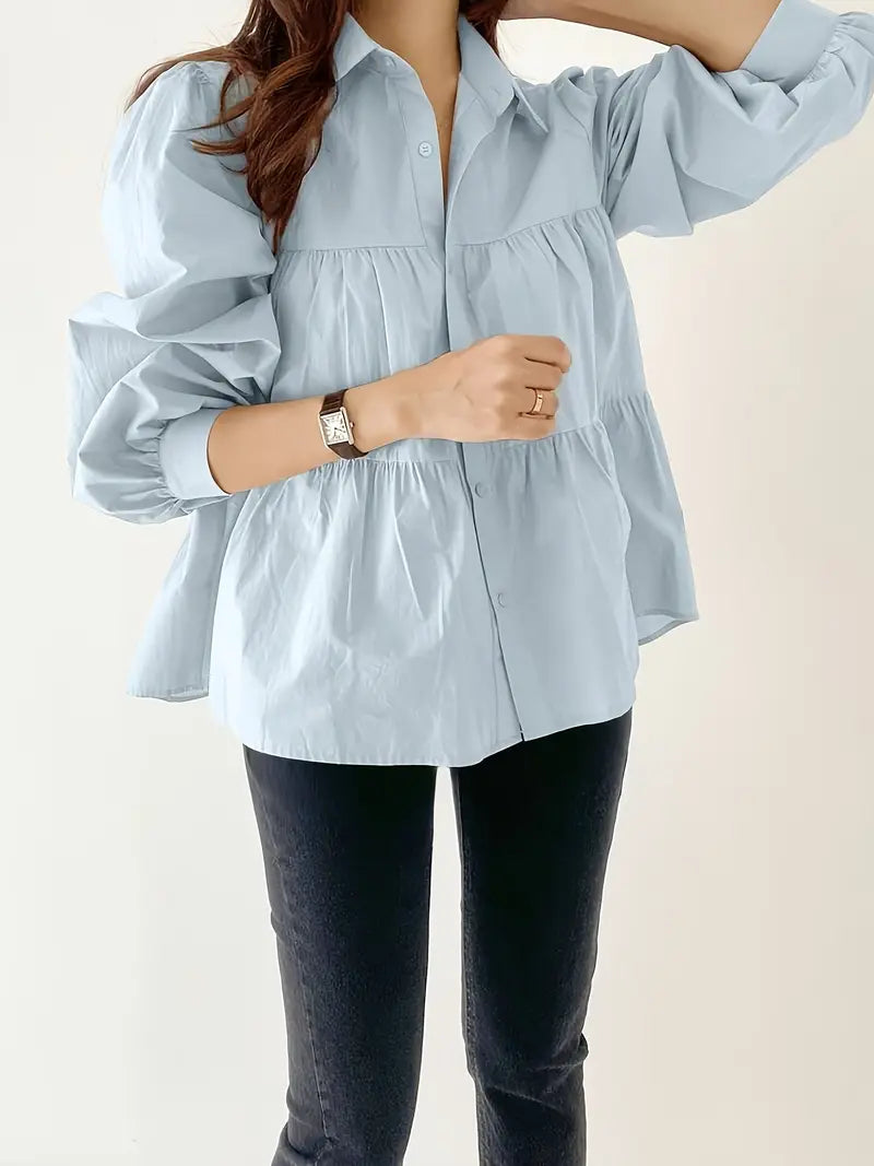 Elegant Puff Sleeve Blouse Single-Breasted Shirt With Stand Collar, Zip Placket, Professional Corporate Attire