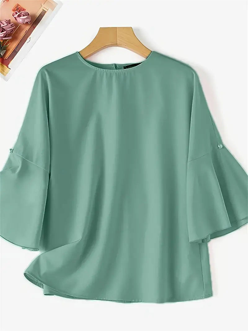 Elegant Ruffle Sleeve Lace Blouse, Crew Neck Top With Pearl Accents, Non-Stretch Stylish All-Season Fashion Shirt