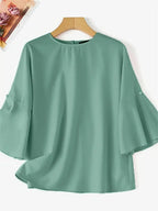 Elegant Ruffle Sleeve Lace Blouse, Crew Neck Top With Pearl Accents, Non-Stretch Stylish All-Season Fashion Shirt