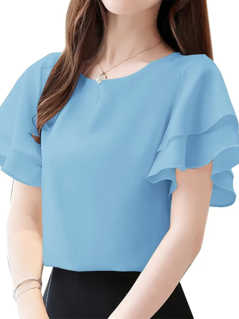 Elegant Lightweight Blouse – Double Layer Ruffle Sleeve Top, Round Neck Loose Fit Casual And Commute Wear