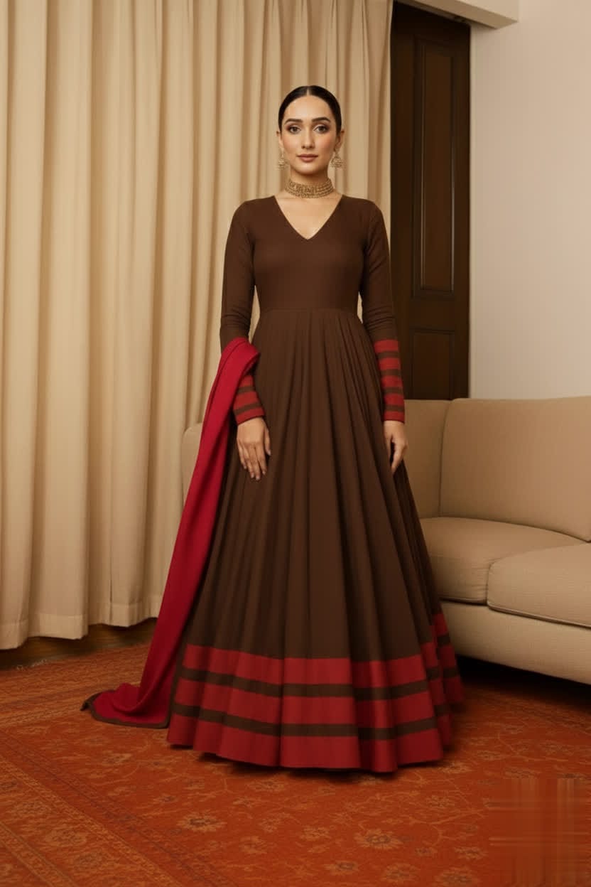 Peach & Red Anarkali Set For Women – Full Flare Long Gown With Contrast Border & Matching Dupatta - Elegant Traditional Outfit With Different Shades.