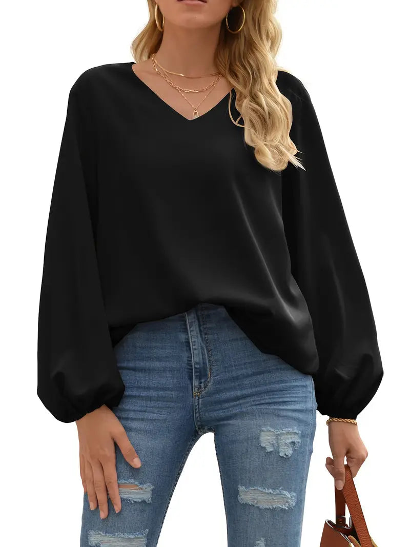 Casual V-Neck Long Sleeve Blouse, Lantern Sleeve Pullover Shirt, Lightweight Top For Seasonal Wear