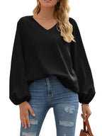 Casual V-Neck Long Sleeve Blouse, Lantern Sleeve Pullover Shirt, Lightweight Top For Seasonal Wear