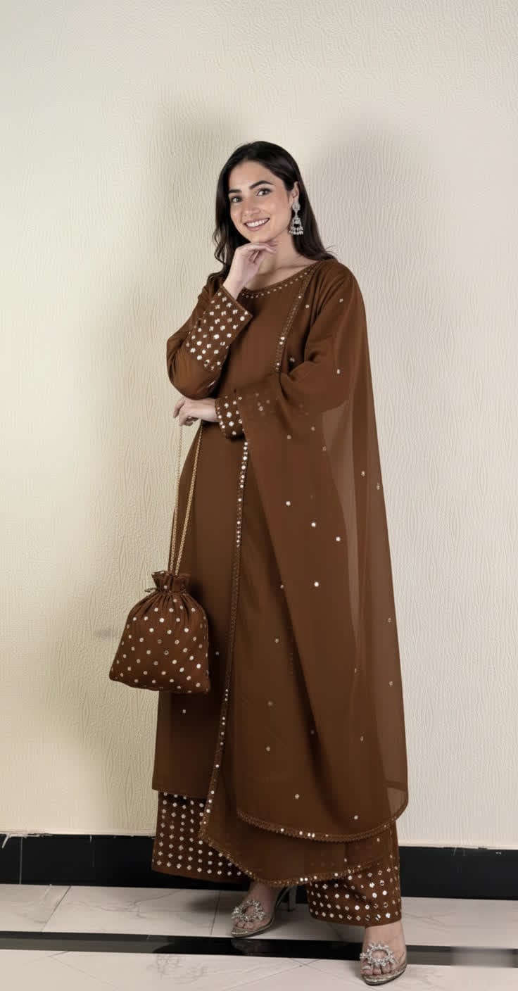 Designer Silk Short Shirt & Shalwar Set With Crystal Detailing.