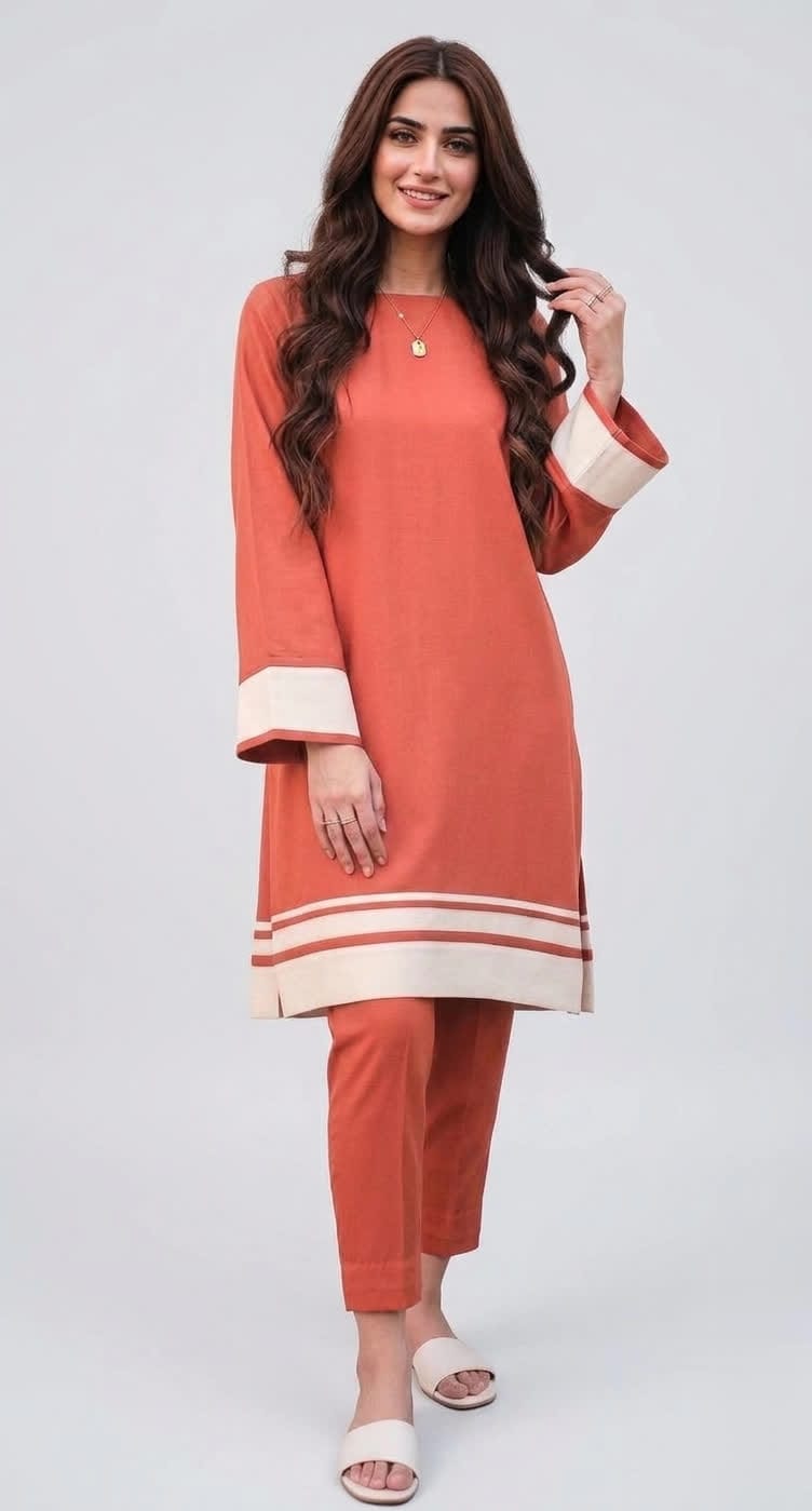 Orange Straight Cut Kurta Trouser Set – Color Block With Beige Stripe Hem