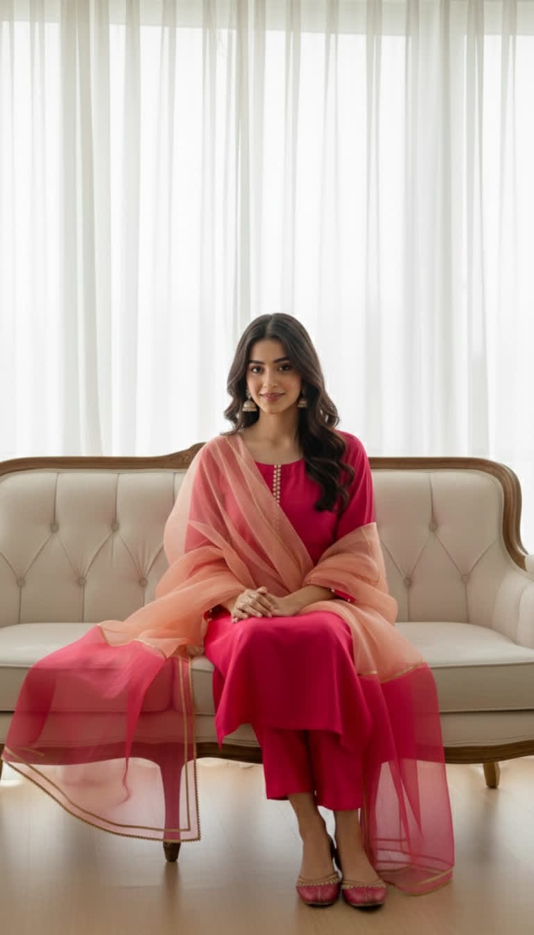 Premium Cotton Silk Pink Ethnic Suit With Lace Embellishment & Organza Dupatta.